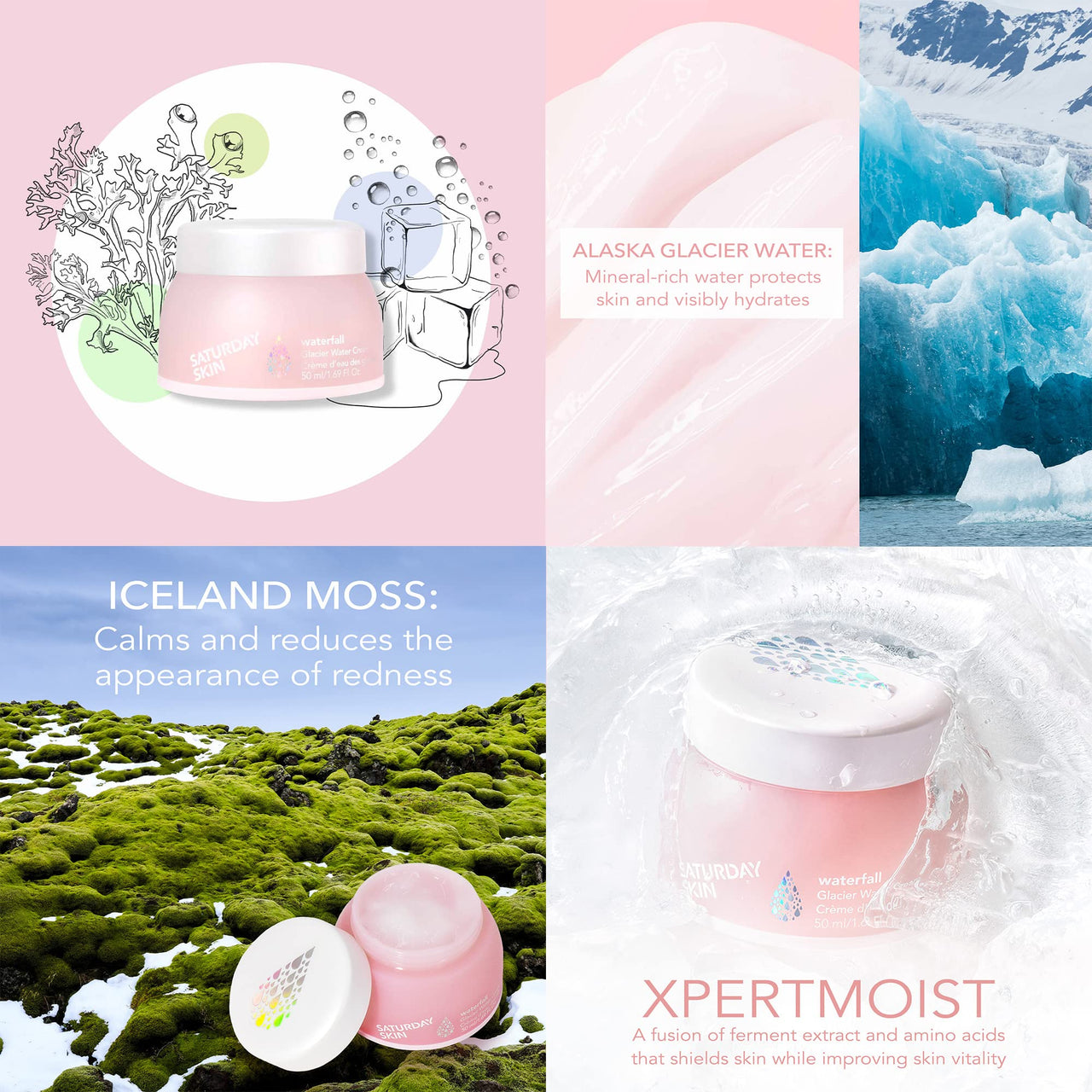 Saturday Skin Face Moisturizer Water Cream Mini Size, Vegan Natural Facial Moisturizer Oil-free Gel Cream From Alaska Glacier Water Day & Night Cream Hydrating and Reduce Wrinkles(1.01 Fl Oz (30ml))