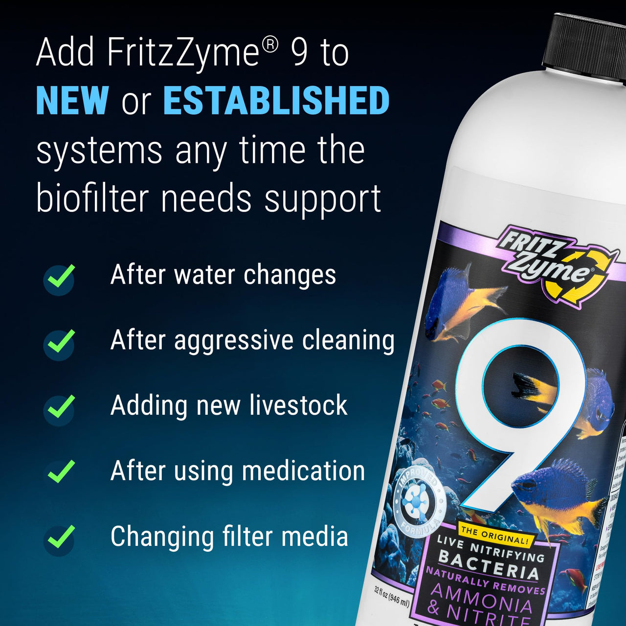 Fritz Aquatics FritzZyme 9 Live Nitrifying Bacteria Naturally Removes Amonia & Nitrite for Saltwater Fish (32-Ounce)