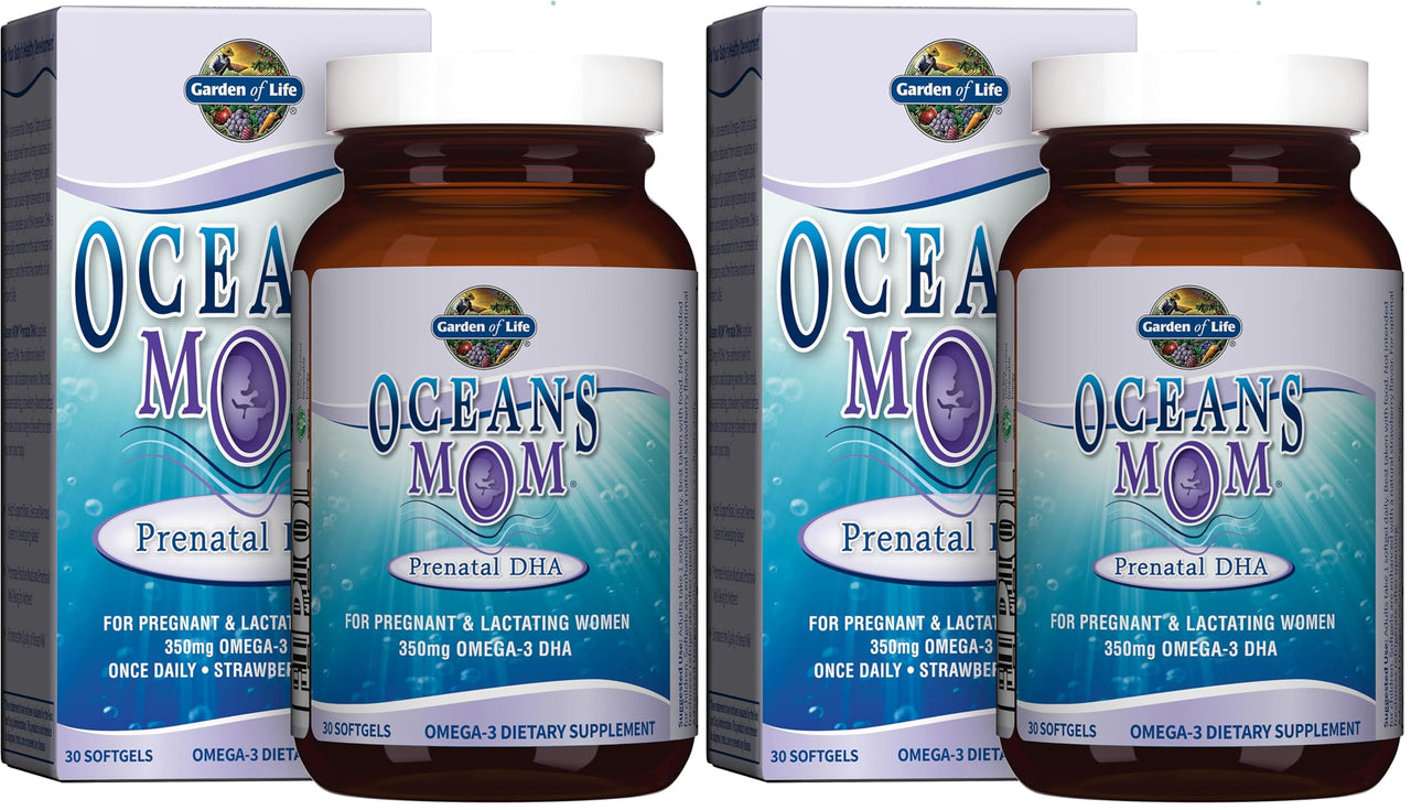 Garden of Life Oceans Mom Prenatal Fish Oil DHA, Omega 3 Supplement - Strawberry, 350mg Prenatal DHA Pregnancy Fish Oil Support for Mamas, Babys Brain & Eye Development, 30 Small Softgels(Pack of 2)