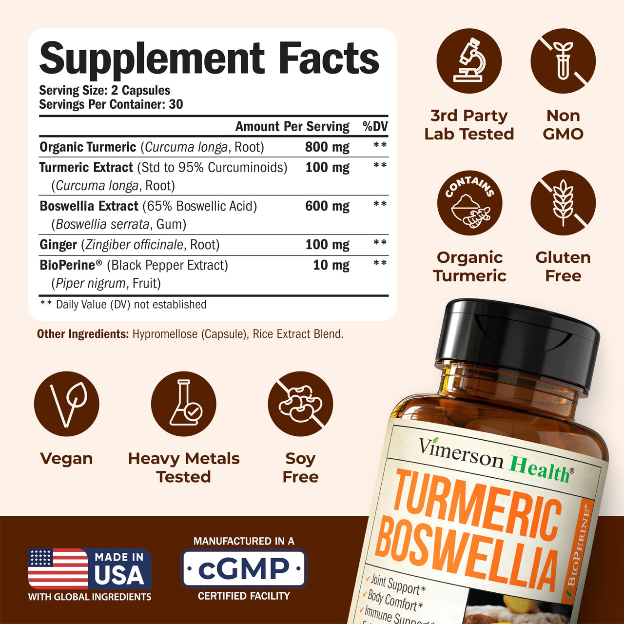 Turmeric Supplement w/Boswellia Serrata – Daily Support for Joint Health & Comfort – Organic Turmeric Curcumin Powder, Bioperine for Enhanced Absorption & Ginger Root – 60 Boswellia Extract Capsules