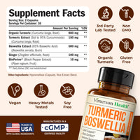 Thumbnail for Turmeric Supplement w/Boswellia Serrata – Daily Support for Joint Health & Comfort – Organic Turmeric Curcumin Powder, Bioperine for Enhanced Absorption & Ginger Root – 60 Boswellia Extract Capsules