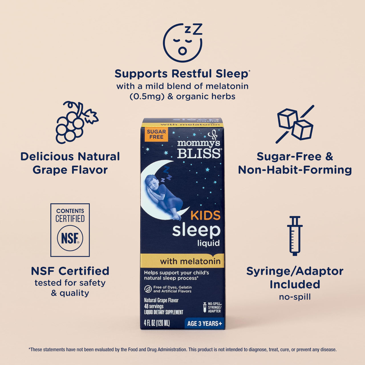 Mommy's Bliss Kids Sleep Liquid with Melatonin & Calming Herbs | Melatonin for Children 3 Years & Up | Grape Flavor | Sugar Free | 4 Fl Oz (60 Servings)