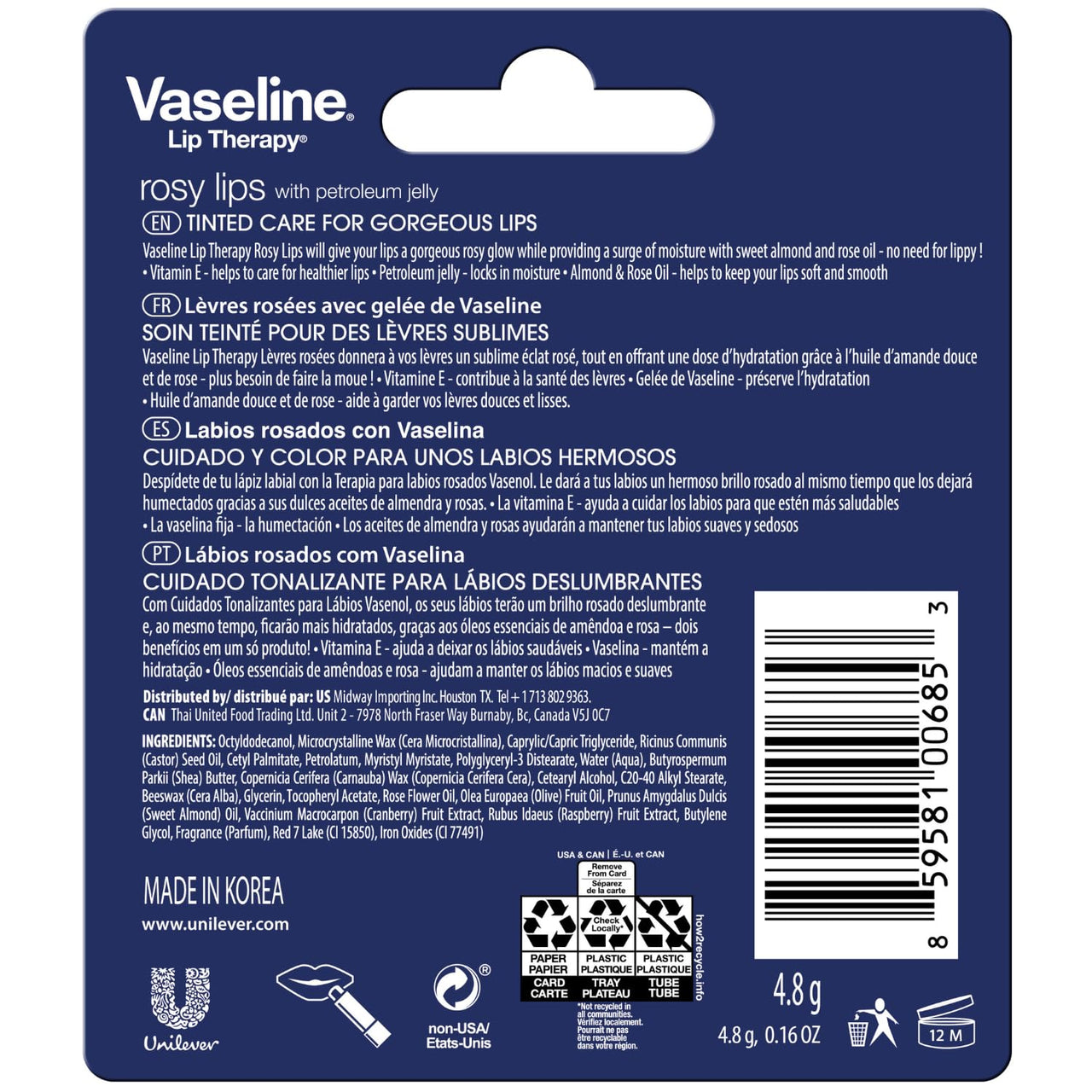 Vaseline Lip Therapy Rosy Lips 8-Pack – Moisturizing Lip Balm, Tinted, 0.16 Oz Ea