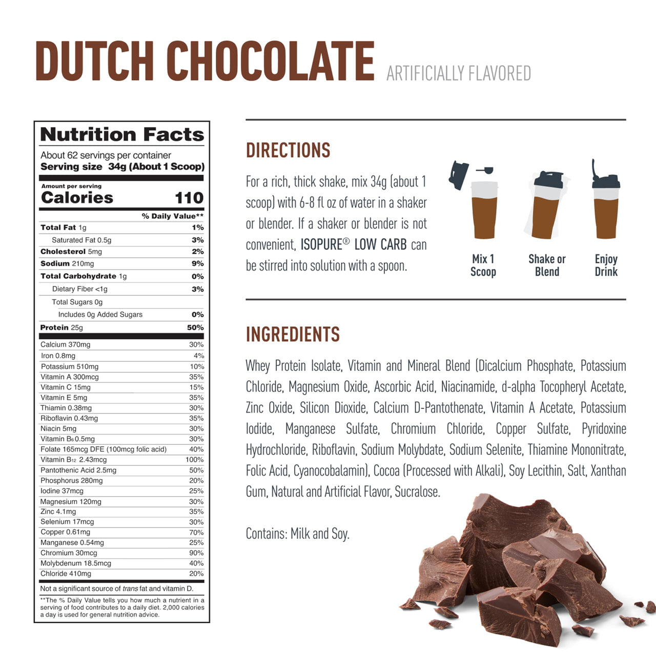 Isopure Low Carb 100% Pure Whey Isolate Protein Powder, Gluten Free, With Vitamins, Dutch Chocolate, 25g Protein Per Serving, 4.5 Lbs, 62 Servings (Packaging May Vary)