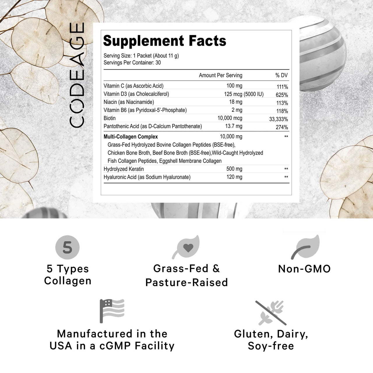 Codeage Multi Collagen and Biotin 10,000 mcg + Vitamin C, B6 & D3, Keratin, Hyaluronic Acid, Niacin, 18 Amino Acids - Stick Packs Supplement - 5 Types Collagen Protein – 30 Powder Packets