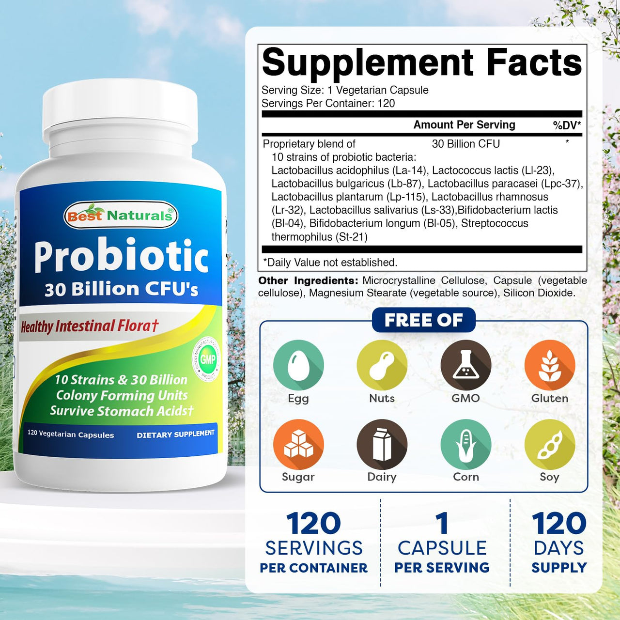 Best Naturals Probiotic 10 Strains & 30 Billion CFU Intestinal Flora, 120 Veggie Capsules - Shelf Stable probiotic (4146365)