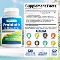 Thumbnail for Best Naturals Probiotic 10 Strains & 30 Billion CFU Intestinal Flora, 120 Veggie Capsules - Shelf Stable probiotic (4146365)