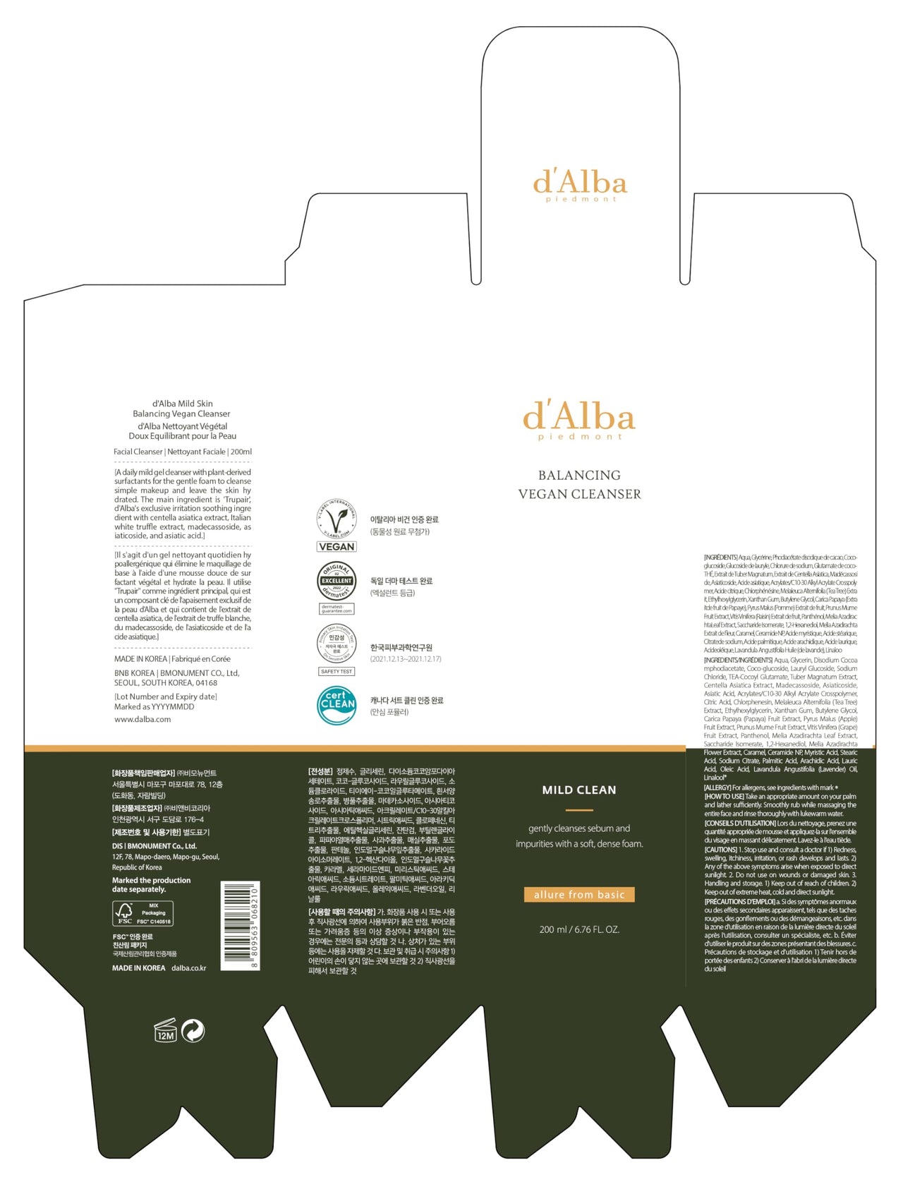d'alba Piedmont Italian White Truffle Mild Skin Balancing Vegan Cleanser, Hydrating and Calming, Mild pH Cleanser with White Truffles for Sensitive Skin, Non-Tightening Gentle Formula