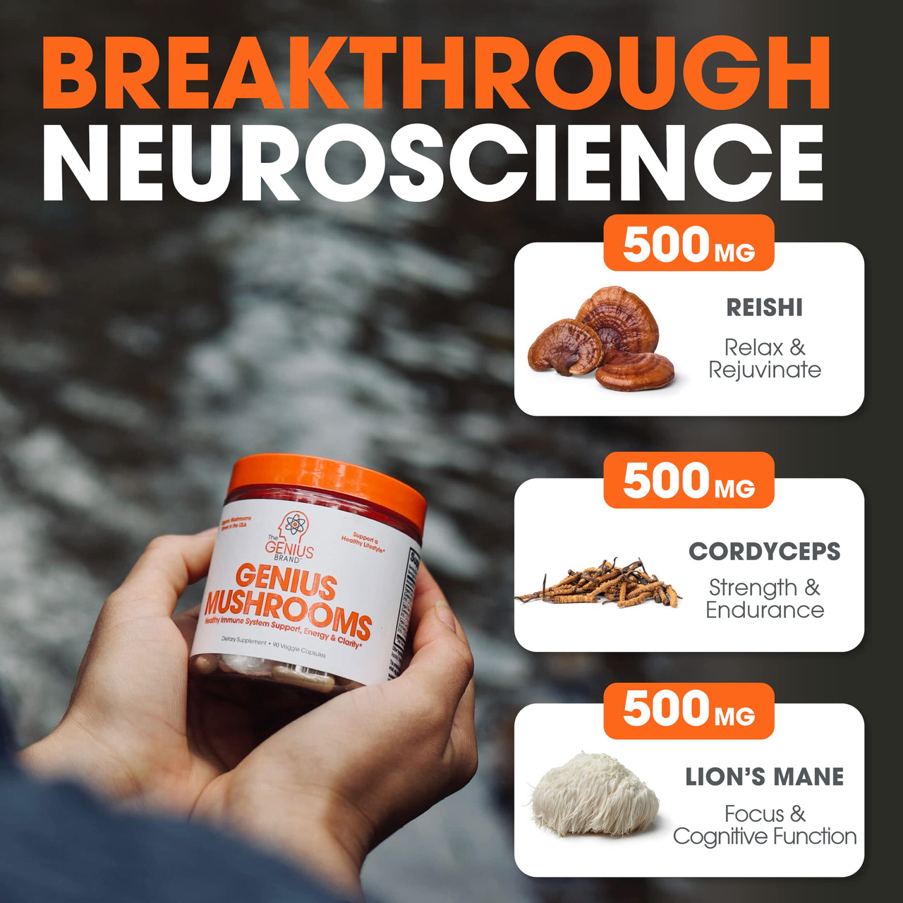 Genius Mushroom Supplement - Full-Spectrum Lion’s Mane, Cordyceps, Reishi -Daily Brain Nootropic for Energy, Focus, Memory & Overall Wellness - 90 Capsules – Organic for Mental Clarity & Performance