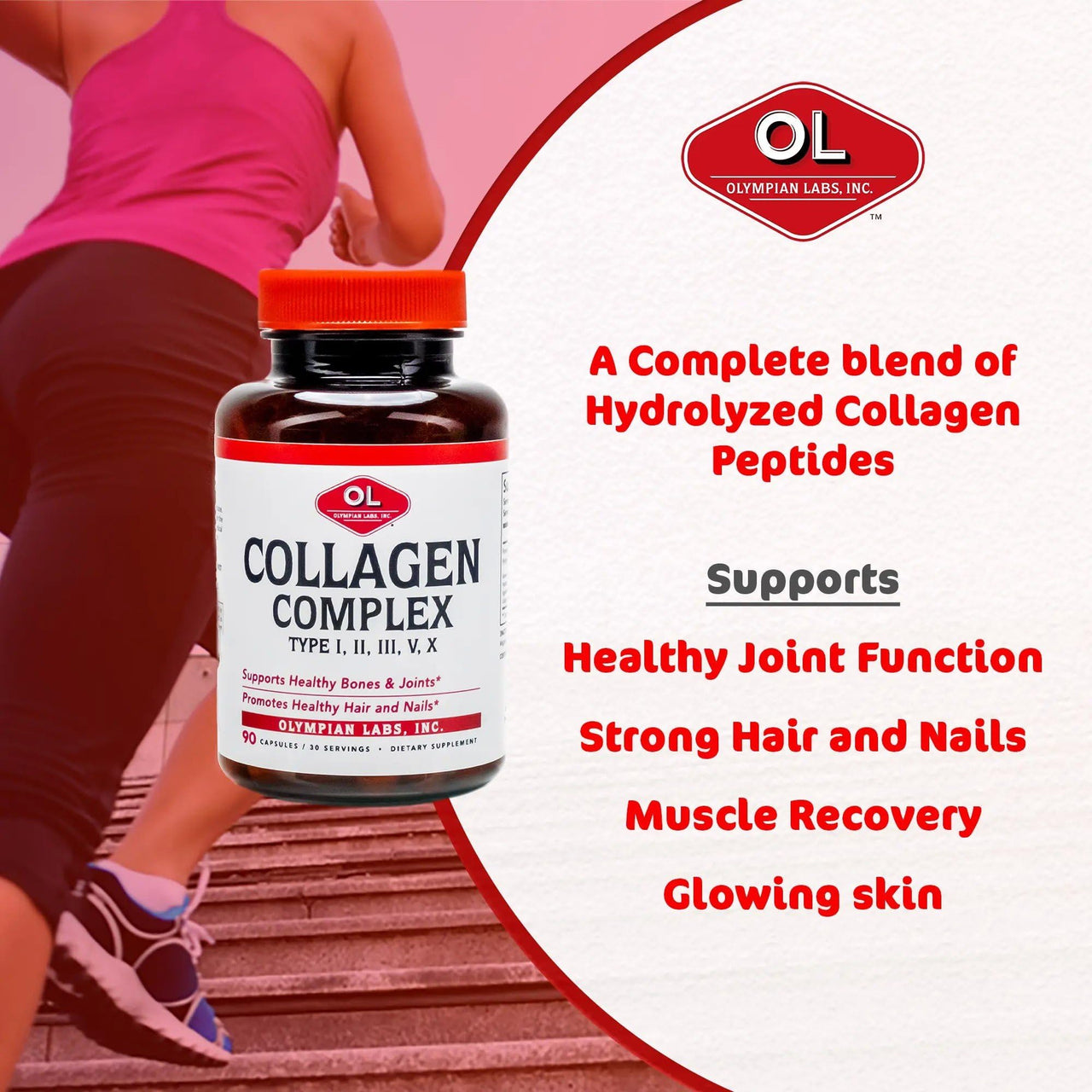 Olympian Labs Multi Collagen Complex Type I, II, III, V, X, Hair, Nails, Joint, Gut Health, 90 Caps, 30-Day Supply
