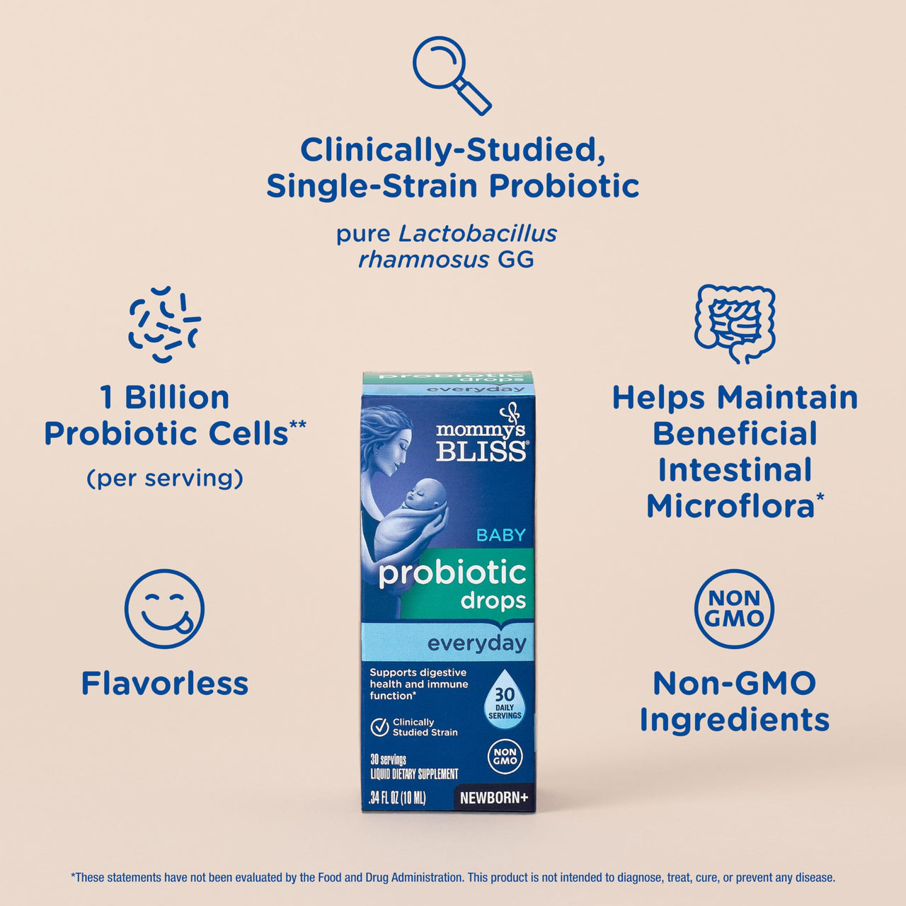 Mommy's Bliss Baby Probiotic Drops Everyday - Gas, Constipation, Colic Symptom Relief - Newborns & Up - Natural, Flavorless, 0.34 Fl Oz