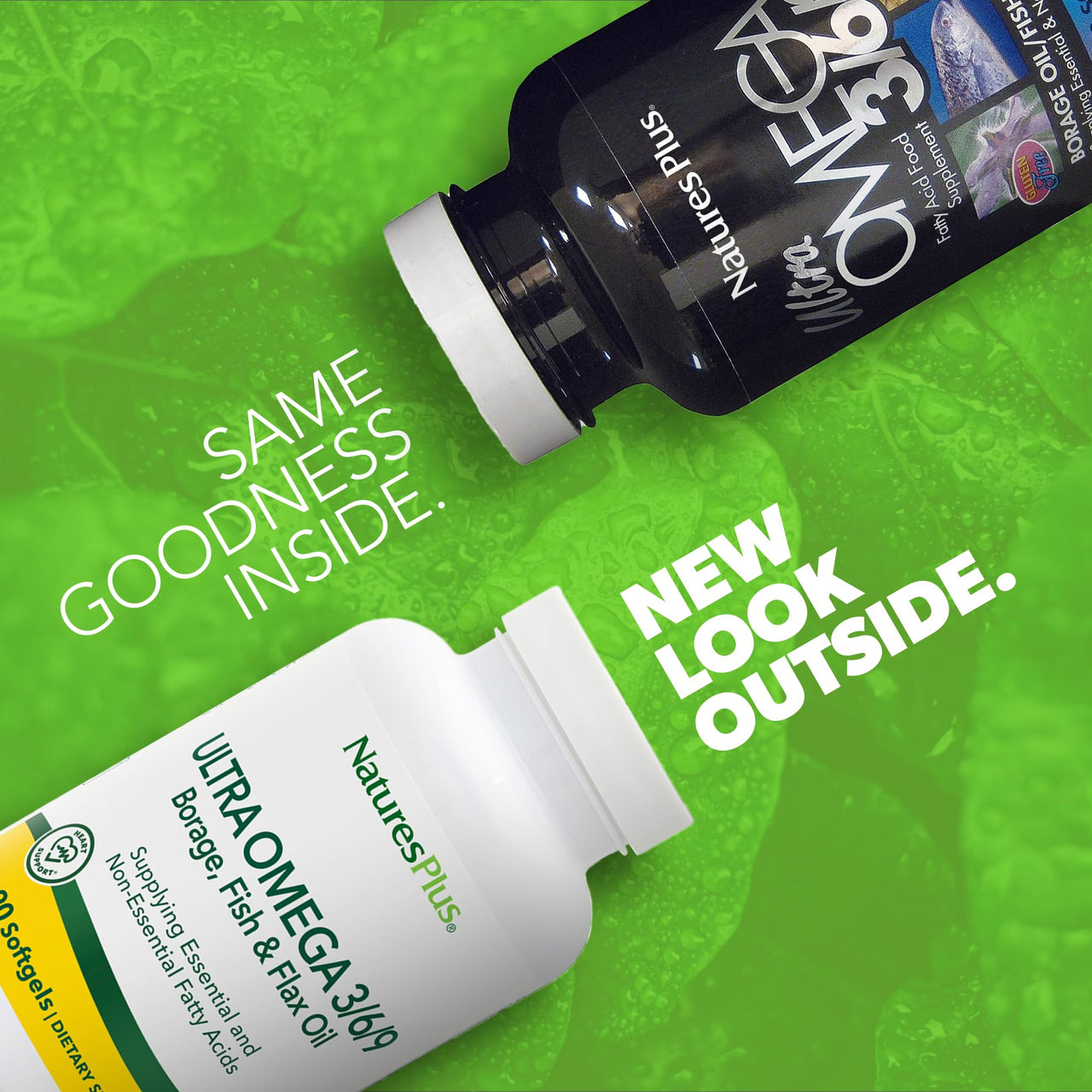 NaturesPlus Ultra Omega 3/6/9 - Borage, Fish & Flax Oil Supplement - 90 Softgels - Gluten Free - 90 Servings