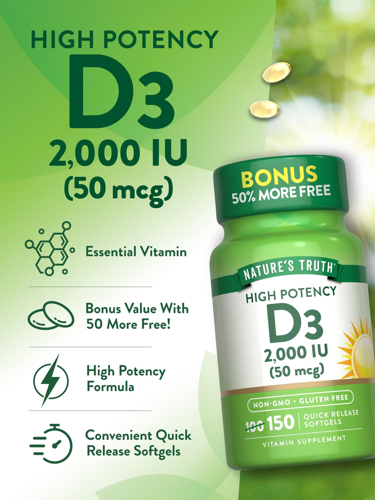 Nature's Truth Vitamin D3 2000 IU Softgels for Adults | 150 Count | High Potency | Non-GMO and Gluten Free Supplement