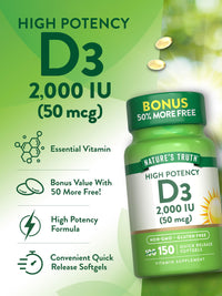 Thumbnail for Nature's Truth Vitamin D3 2000 IU Softgels for Adults | 150 Count | High Potency | Non-GMO and Gluten Free Supplement