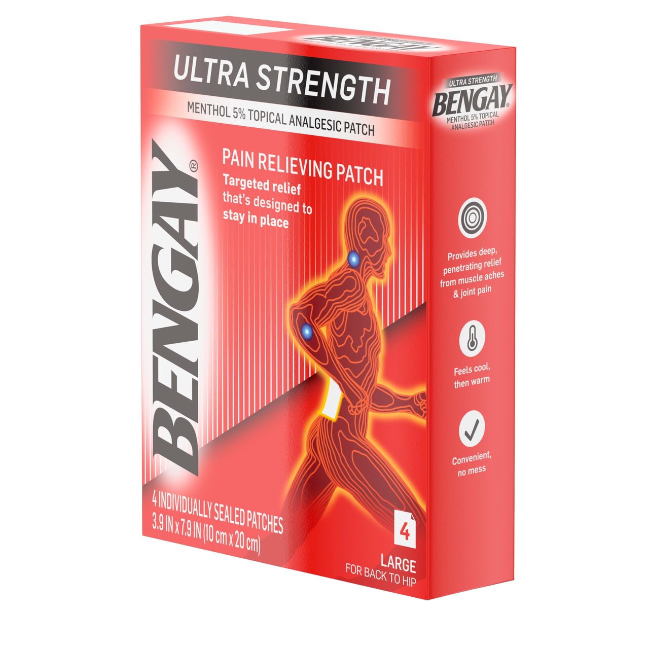 Ultra Strength Bengay Pain Relief Patches, Large Topical Analgesic Menthol Patches for Muscle & Joint Pain Due to Backaches, Minor Arthritis, Sprains, & Strains, 3.9 x 7.9 inches, 4 Count