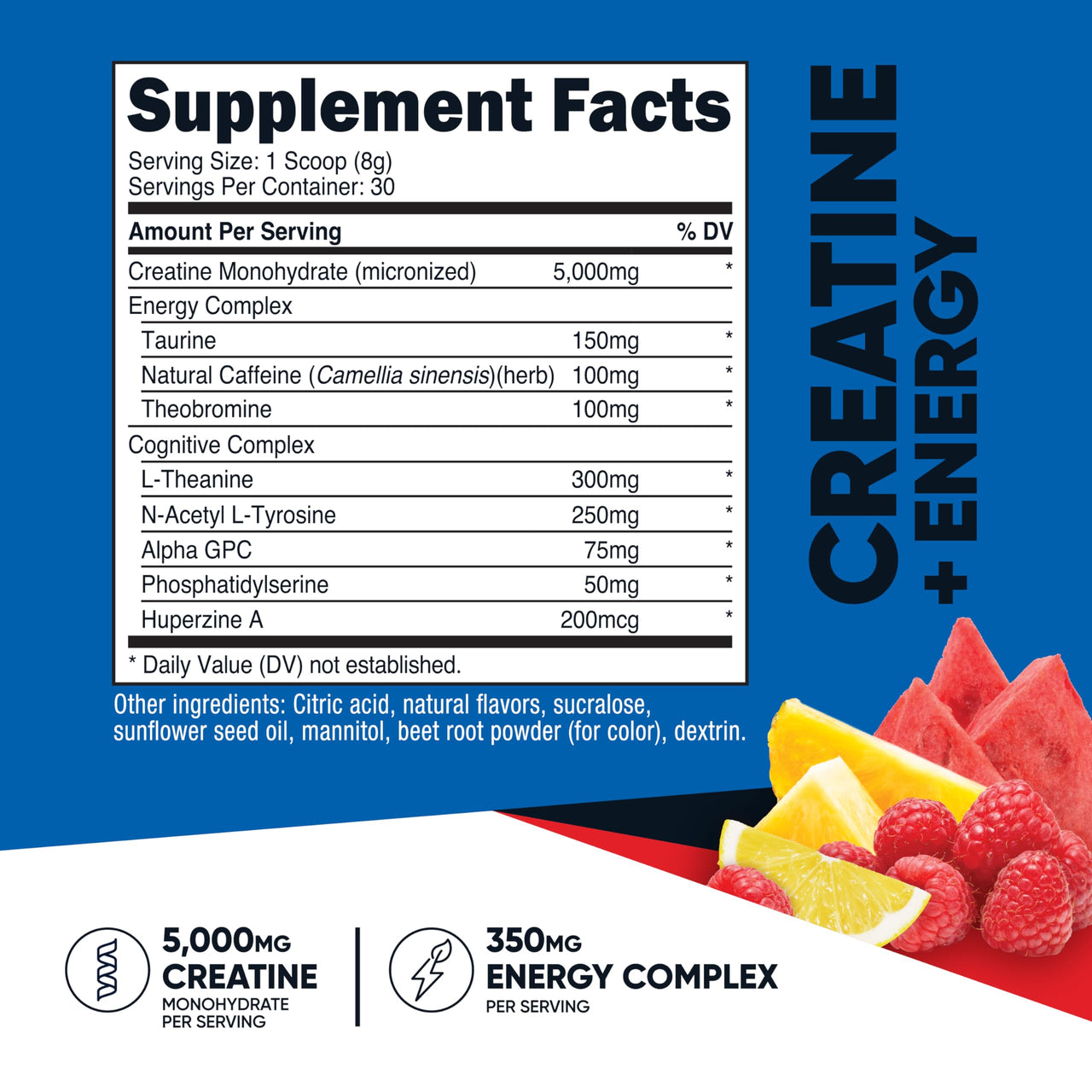Nutricost Creatine + Energy 30 Servings (Fruit Punch Flavored) - 5,000mg Creatine Monohydrate + 350mg Energy Complex Per Serving
