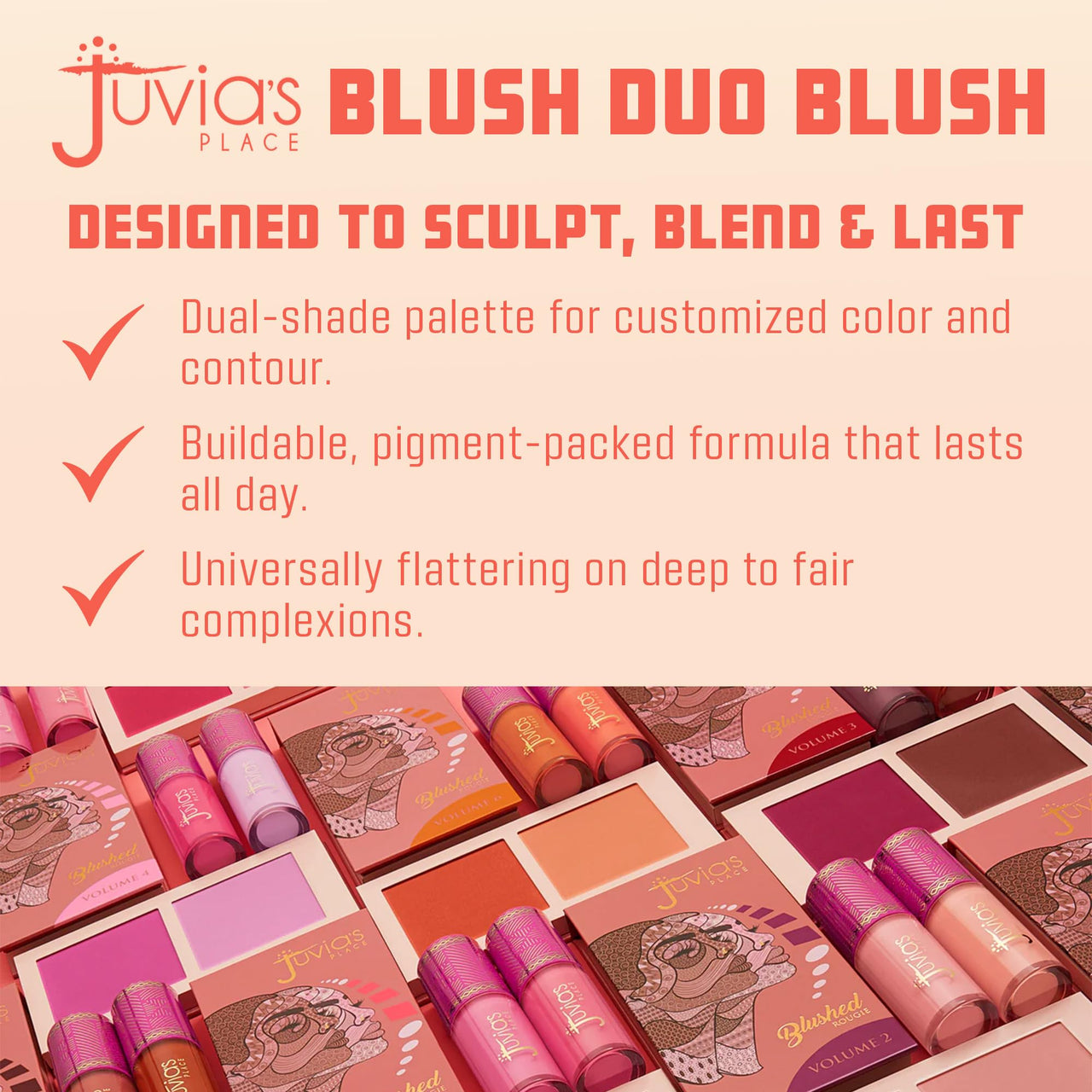 Juvia's Place Blushed Duo Blush Volume6 - Radiant Shimmer Makeup Two Tone Pigmented Buildable Pressed Mineral Powder - Rosy Natural Cheeks Face Glow Highlight Matte Fresh Finish for All Skin Color