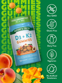 Thumbnail for Nature's Truth Vitamin D3 + K2 Gummies | 50 Count | Peach Mango Flavor | Vegetarian, Non-GMO & Gluten Free Supplement