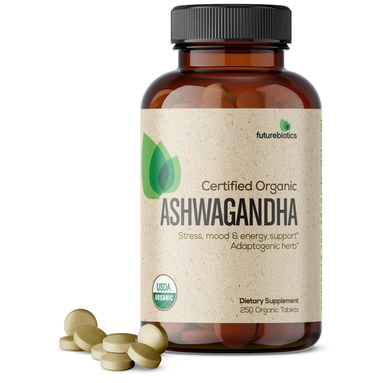 Futurebiotics Certified Organic Ashwagandha Stress Mood & Energy Support Adaptogenic Herb, Non-GMO, 250 Organic Tablets