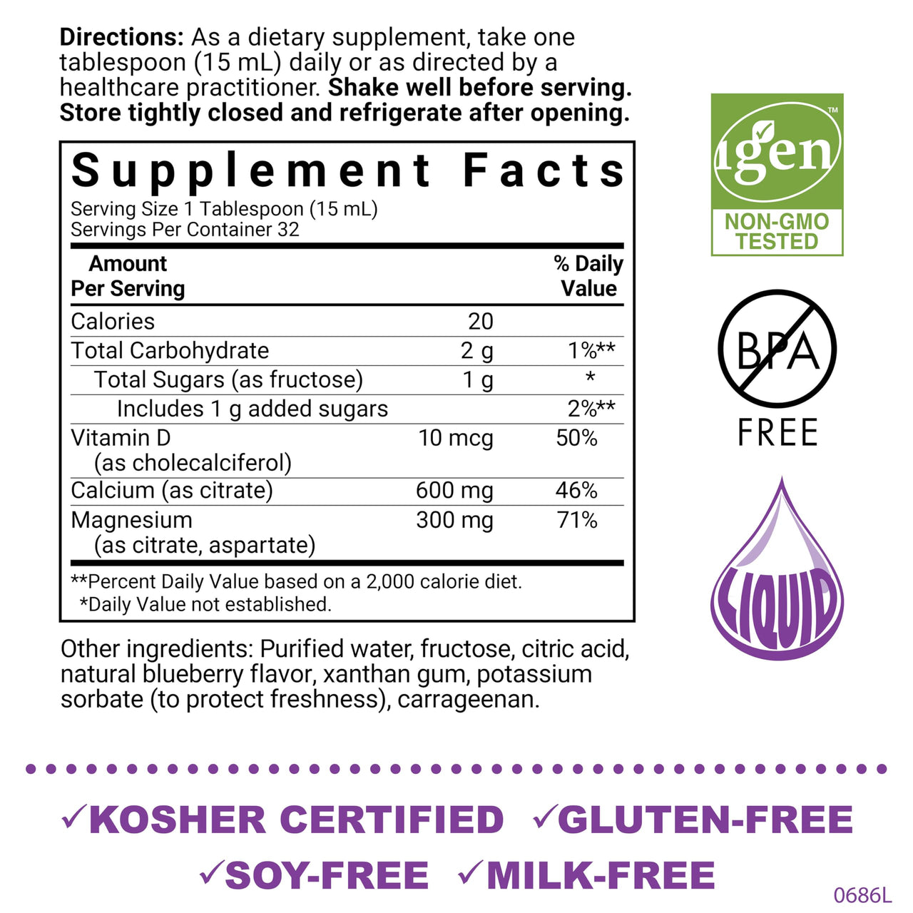 Bluebonnet Nutrition Liquid Calcium Citrate Magnesium Citrate, Vitamin D3, Bone Health, Gluten Free, Soy free, milk free, kosher,32 Servings, Blueberry Flavor, 16 Fl Oz (Pack of 1)