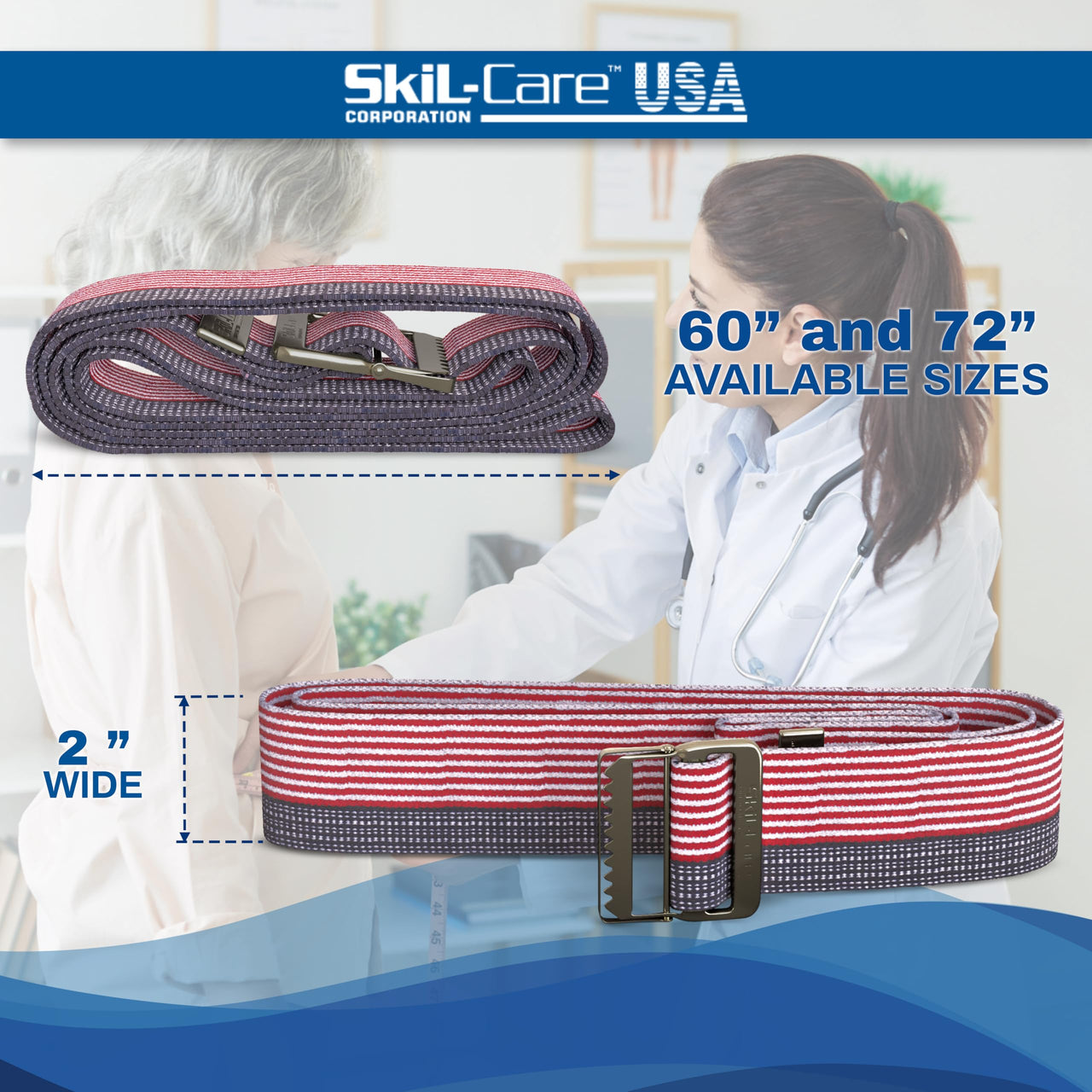 Skil-Care Cotton Gait Belt, Stars & Stripes Design, Gait Belt for Seniors, 60” L x 2” W, Secure Metal Buckle, Durable Cotton Webbing Transfer and Physical Therapy Belt, 252015