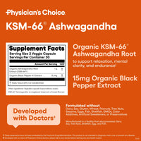 Thumbnail for Physician's CHOICE KSM-66 Ashwagandha Root Powder Extract 1,000mg - Organic - with Black Pepper for Maximum Absorption - 5% Withanolides - Stress, Mood & Athletic Support - 60 Vegan Capsules