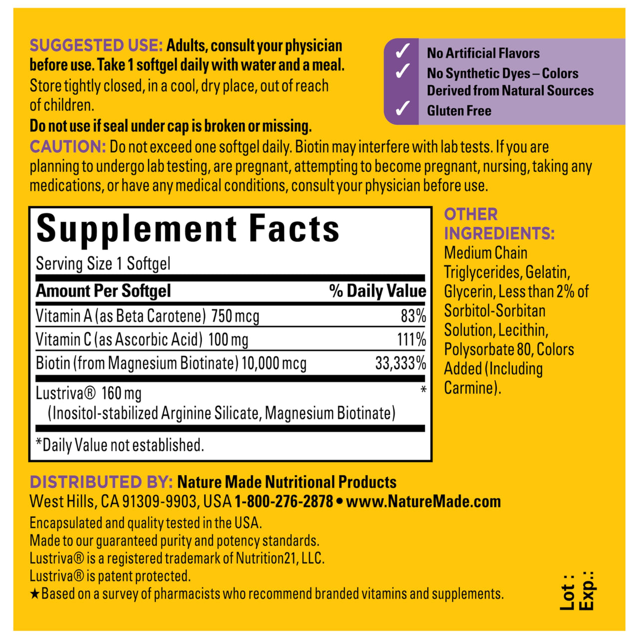 Nature Made Hair Growth Softgels, Clinically Studied Lustriva + Biotin, Vitamin C & A, Hair Growth Vitamins - Support Healthy Hair as You Age, 30 Softgels, 30 Day Supply