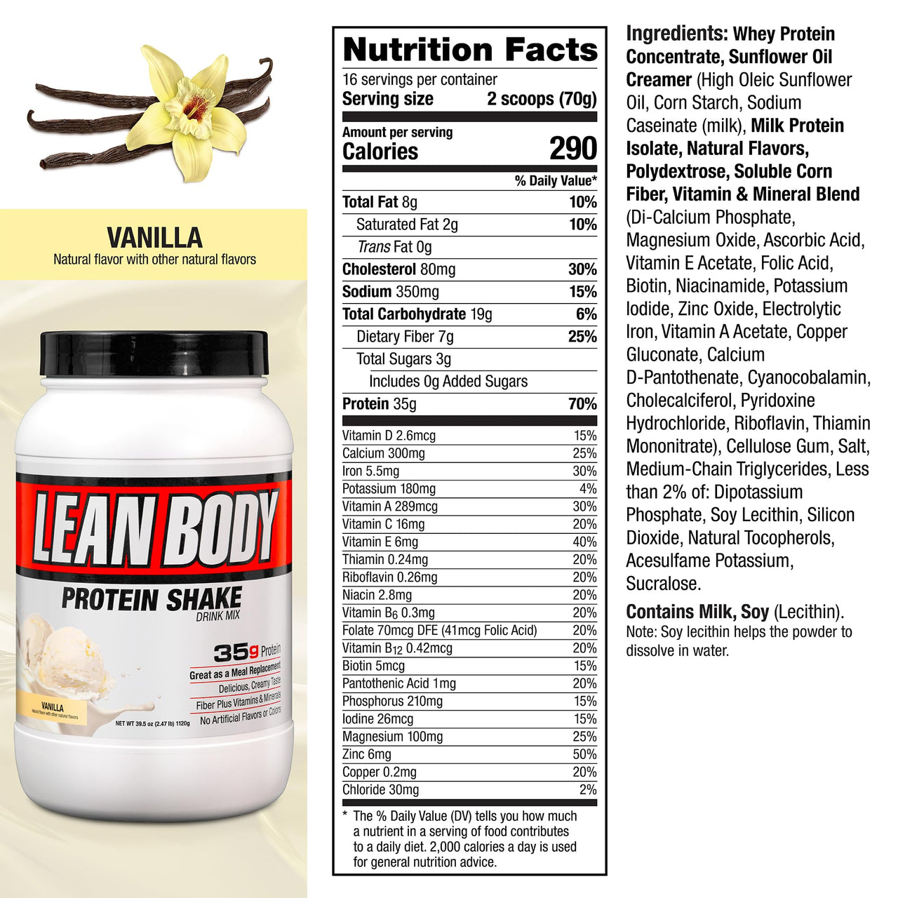 Labrada Nutrition Lean Body Hi-Protein Meal Replacement Shake, Vanilla, 2.47-Pound Tub Packaging May Vary