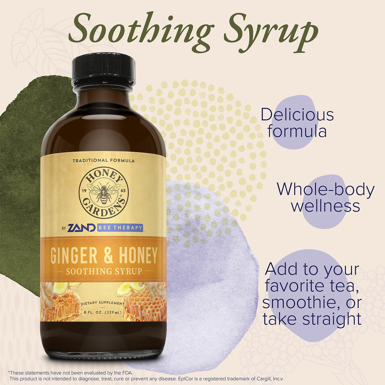 Honey Gardens Ginger and Honey Syrup with Organic Apple Cider Vinegar and Propolis - Ginger Root and Ginger Root Extract - Apitherapy Digestive Support Supplement - 8 FL OZ, 48 Servings