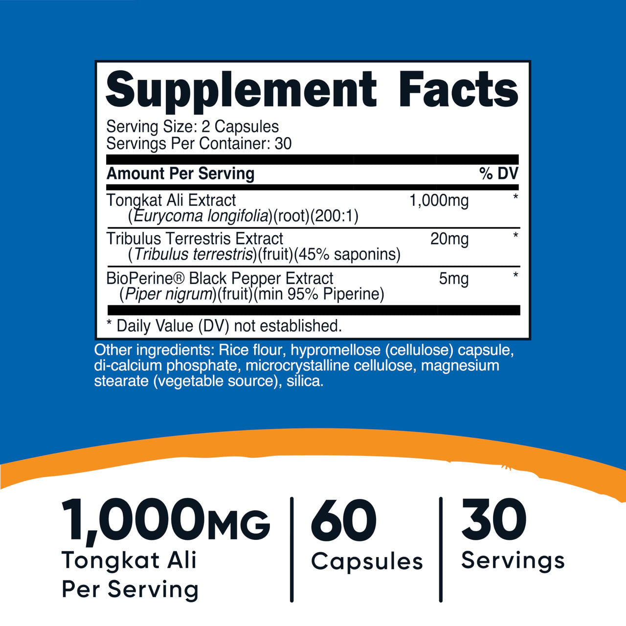 Nutricost Tongkat Ali 1,000mg 60 Capsules - with Tribulus Terrestris and BioPerine, Vegetarian Caps, Non-GMO, Gluten Free, Potent Extract