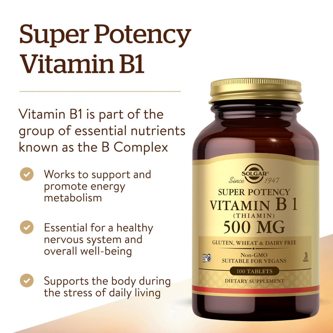 Solgar Vitamin B1 (Thiamin) 500 mg, 100 Tablets - Energy Metabolism, Healthy Nervous System, Overall Well-Being - Super Potency - Non-GMO, Vegan, Gluten Free, Dairy Free - 100 Servings