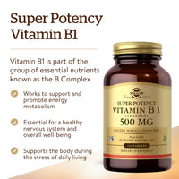 Thumbnail for Solgar Vitamin B1 (Thiamin) 500 mg, 100 Tablets - Energy Metabolism, Healthy Nervous System, Overall Well-Being - Super Potency - Non-GMO, Vegan, Gluten Free, Dairy Free - 100 Servings