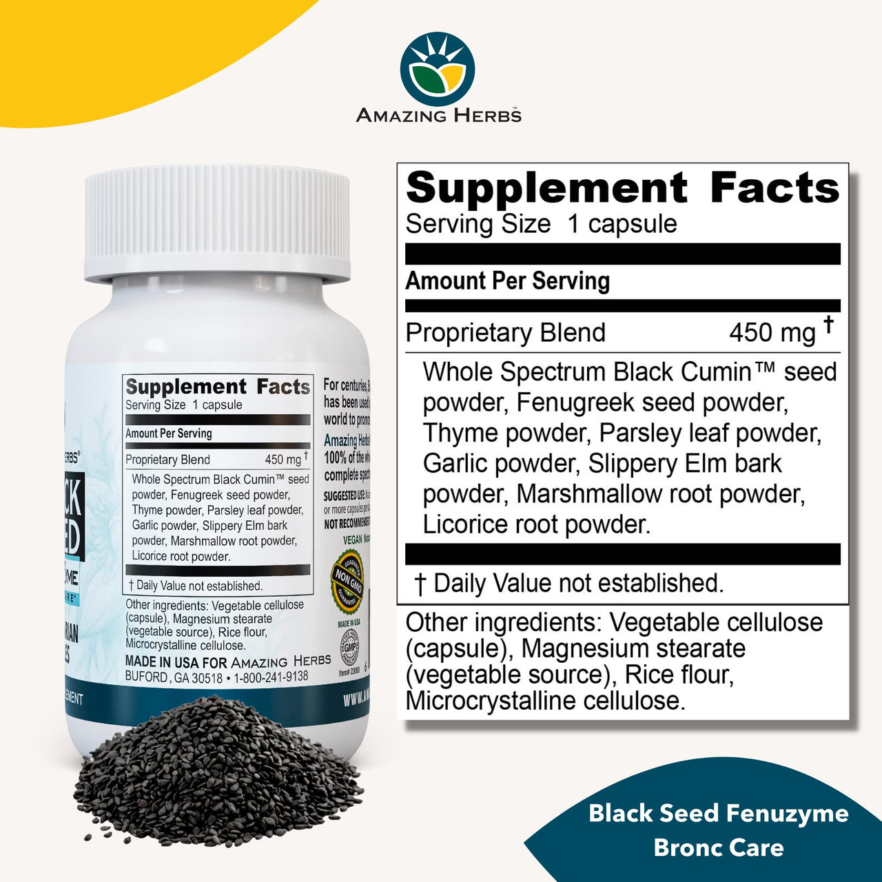 Amazing Herbs Black Seed Fenuzume Bronc-Care, Vegetarian Capsules - Gluten-Free, Non-GMO, Vegan, Enhances Immune Response, Improves Allergic Conditions & General Well-Being - 60 Count