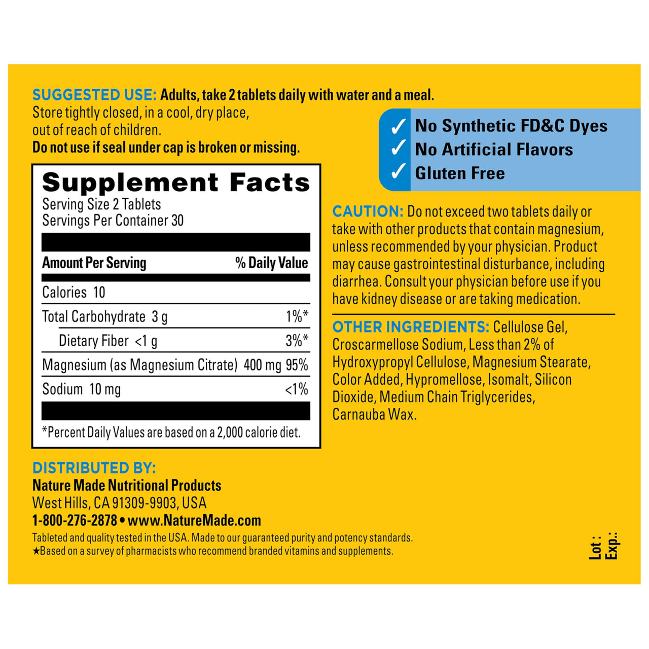 Nature Made Extra Strength Dosage Magnesium Citrate Tablets, High Absorption Magnesium Citrate 400mg Per Serving, Bone and Muscle Support, 60 Tablets, 30 Day Supply