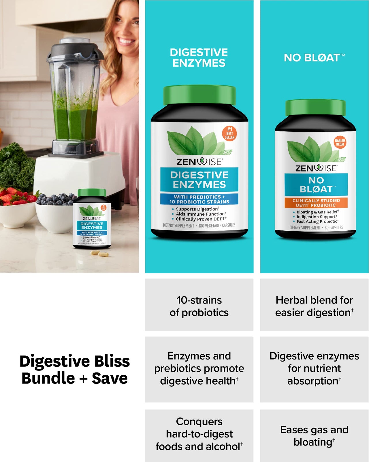 Zenwise Health Digestive Enzymes, No Bloat, and Free Travel Tin with Probiotics for Digestive and Gut Health | Bloating Relief for Women and Men