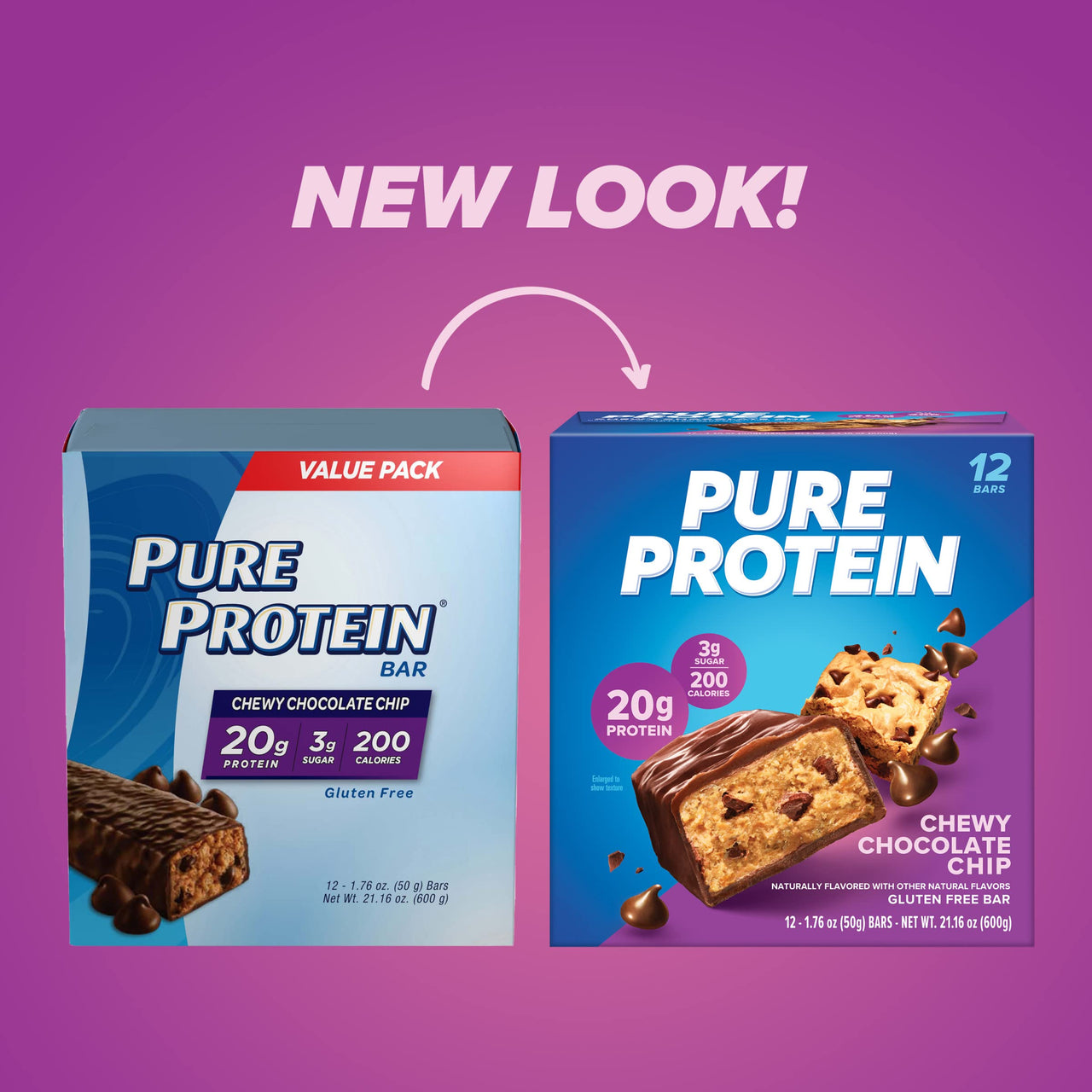 Pure Protein Chewy Chocolate Chip Protein Bars – 20g Protein, 3g Sugar, 190 Calories (12 count) Low Sugar* High Protein Snack - Gluten Free - Perfect for a Healthy Snack