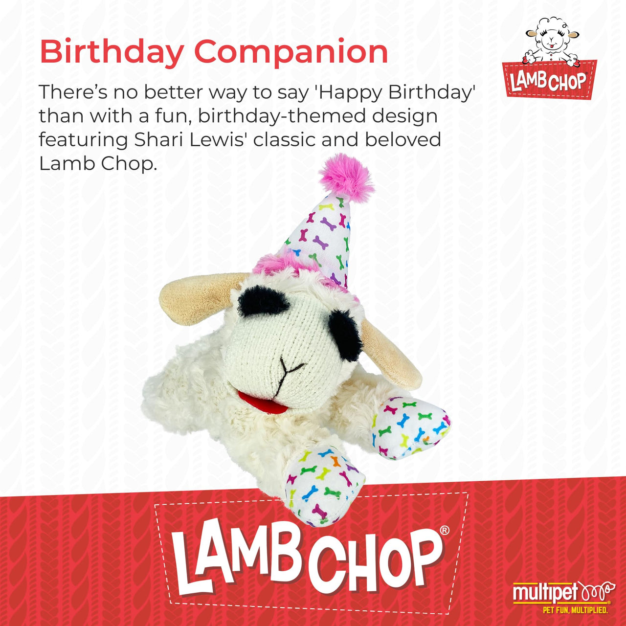 Multipet Lamb Chop Dog Plush Toy w/Birthday Hat - Squeaky Toy for All Dogs - Soft Plush - Stuffed Animal Dog Toys for Playing - Cute Birthday Toy (10.5”, Pink Hat, 5 Squeakers)
