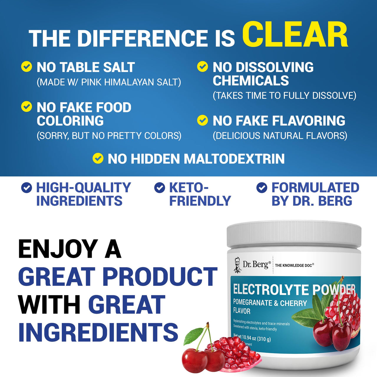 Dr. Berg Zero Sugar Hydration Keto Electrolyte Powder - Enhanced w/ 1000 mg of Potassium & Real Pink Himalayan Salt (NOT Table Salt) - Pomegranate and Cherry Hydration Drink Supplement - 50 Servings