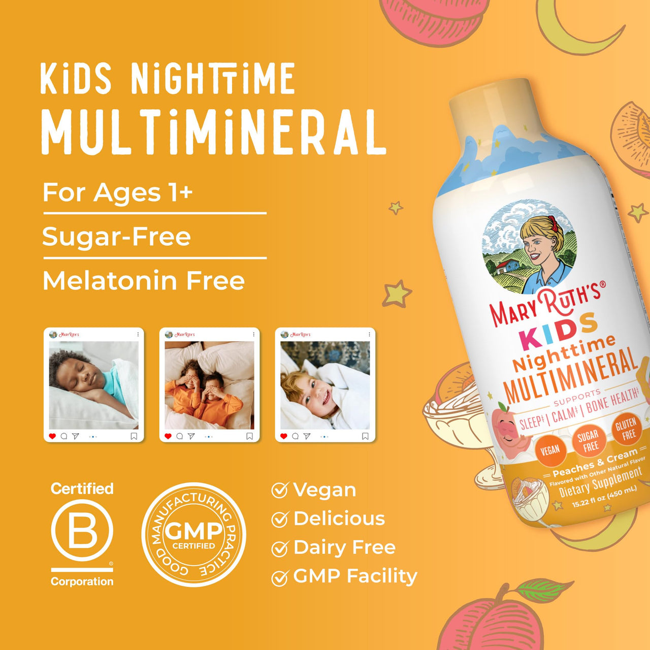 MaryRuth's Kids Liquid Nighttime Multimineral with Lutein and Magnesium | Bone Health | Immune Function | Bedtime Supplement | Kids Vitamins | Vegan | Sugar Free | 30-180 Servings | 15.22 fl oz