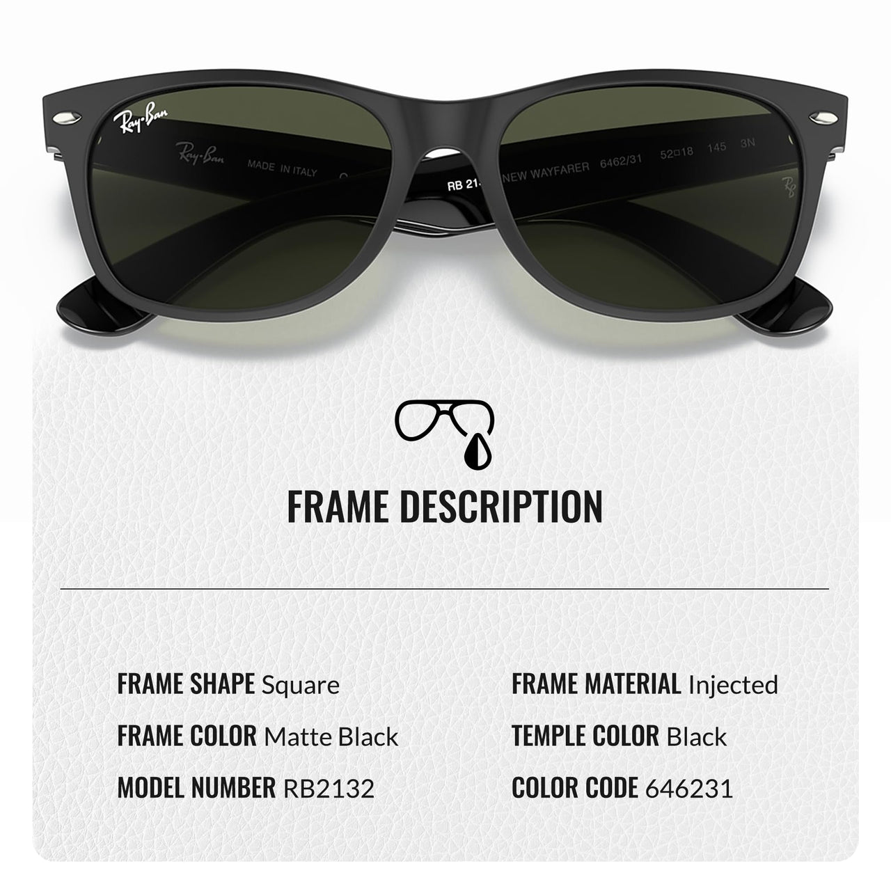Ray-Ban RB2132 NEW WAYFARER COLOR MIX Square Shaped Non-Polarized Sunglasses for Men & Women – Includes Official RAYBAN Eyewear Kit – Ideal Formal & Casual Wear Sunglasses – G-15 Green Lens