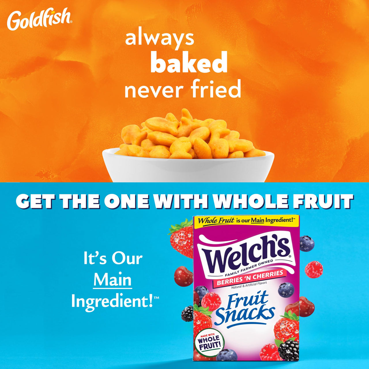 Goldfish and Welch’s Fruit Snacks for Back to School, 1 Box of Goldfish Cheddar Cheese Snack Packs (20 Count) and 1 Box of Welch’s Berries ‘N Cherries Fruit Snack Packs (40 Count)
