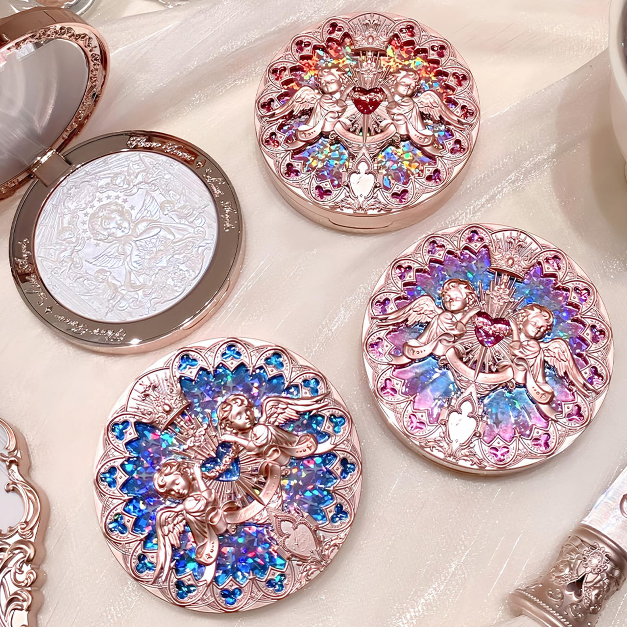 Flower Knows Little Angel Embossed Highlighter-Rosy Pearl Highlighter Powder,Dreamy Pink Shimmer,Long-Lasting Soft Ethereal Glow,Feather-Light,Soft Sculpting Velvet Finish(L01 Eros's Fable)