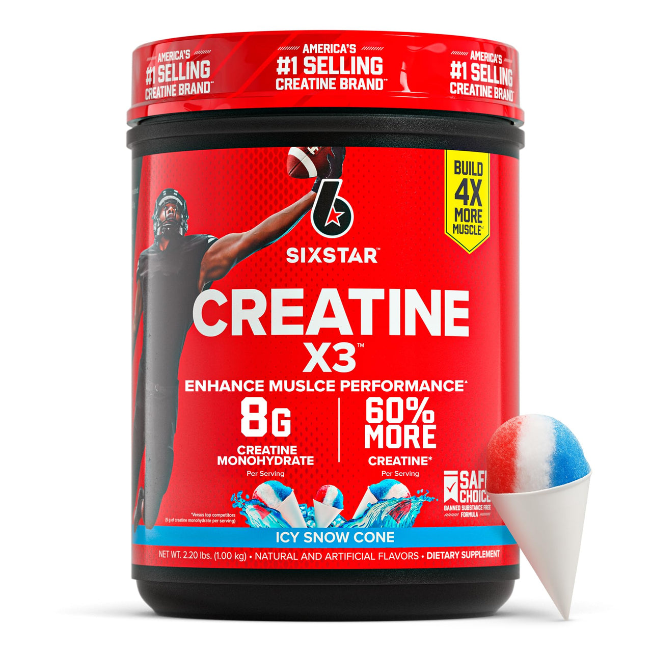 Six Star Creatine Monohydrate Powder, X3 (ICY Snow Cone) - Flavored Creatine HCl Powder Monohydrate Supplement for Muscle Building & Performance - Post Workout Supplement for Men & Women - 30 Servings