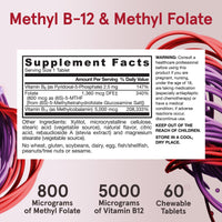 Thumbnail for Jarrow Formulas Methyl B-12 & Methyl Folate, Bioactive Vitamin B9 and Vitamin B12 Supplement, Supports Cellular Energy Production, Healthy Brain Function & Metabolism, 60 Chewable Tablets, 60 Servings