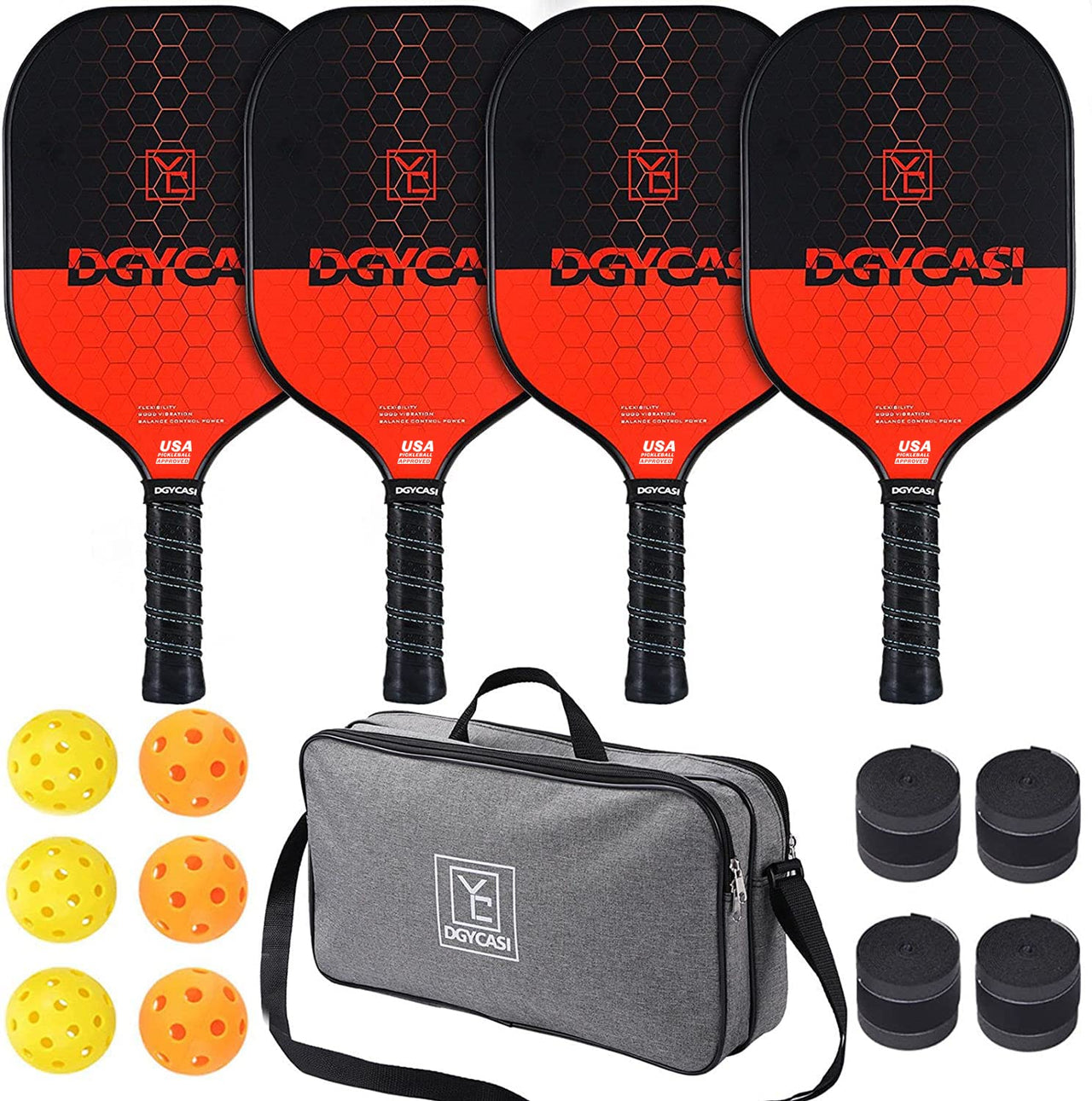 YC DGYCASI Pickleball Paddles Set of 4, USAPA Approved Pickleball Set, 4 Carbon Fiber Pickleball Rackets, 3 Outdoor Balls, 3 Indoor Balls, 4 Replacement Grip, 1 Bag for Women and Men