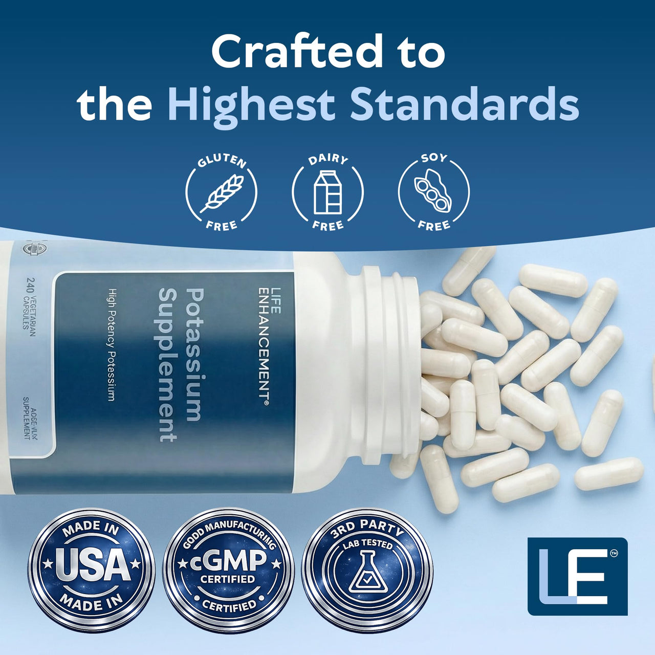 Life Enhancement High Potency 1020 mg Potassium Supplement for Muscle, Brain & Bone Health - No Additives High Absorption Elemental Potassium Supplement, Made in USA (240 Capsules – 120 Servings)