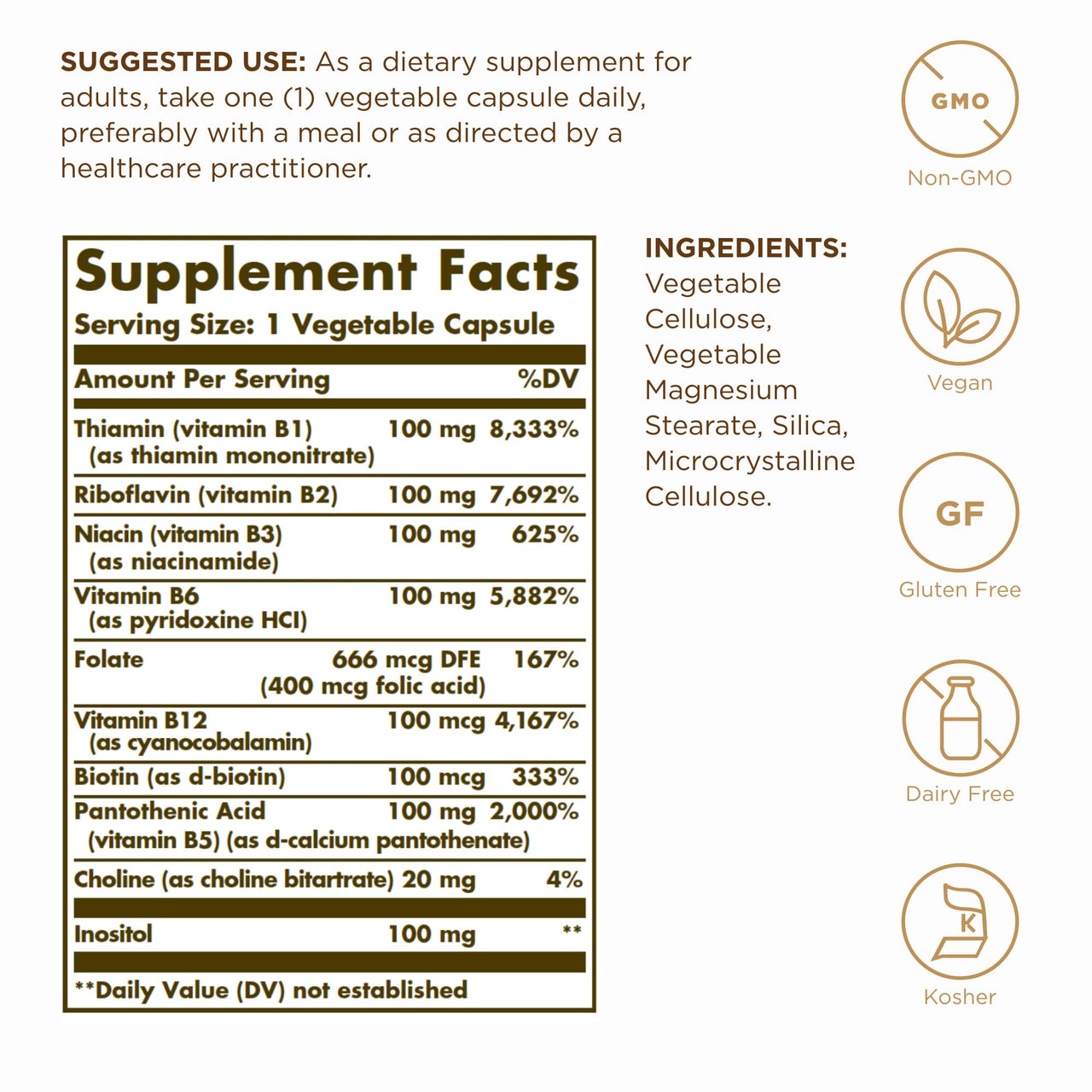 Solgar B-Complex 100" - 50 Vegetable Capsules - Energy Metabolism, Nervous System Support - Non-GMO, Vegan, Gluten Free - 50 Servings