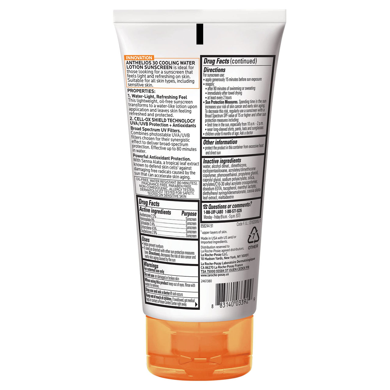 La Roche-Posay Anthelios Cooling Water Sunscreen Lotion, Water Based Sunscreen for Face & Body, Broad Spectrum SPF + Antioxidants, Fast Absorbing Water-Like Texture, Oil Free Sunscreen SPF 30