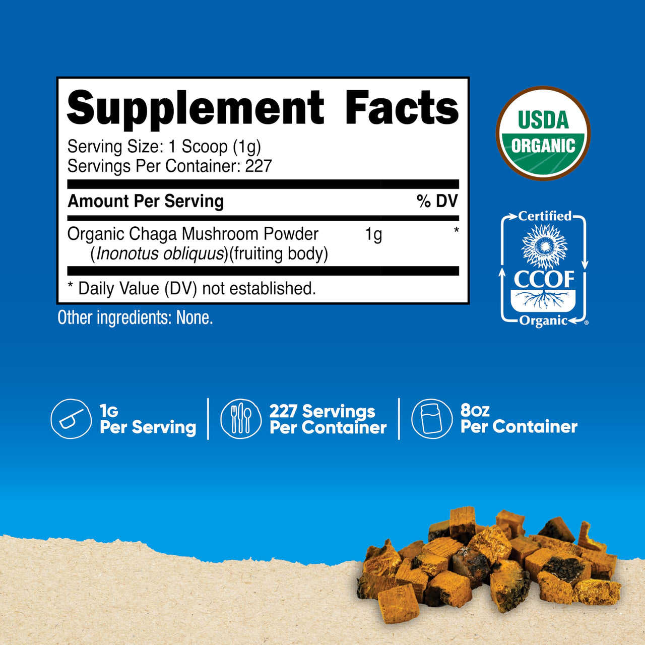 Nutricost 100% Organic Chaga Mushroom Powder 8oz (227 Servings) - Certified USDA Organic, Gluten Free & Non-GMO