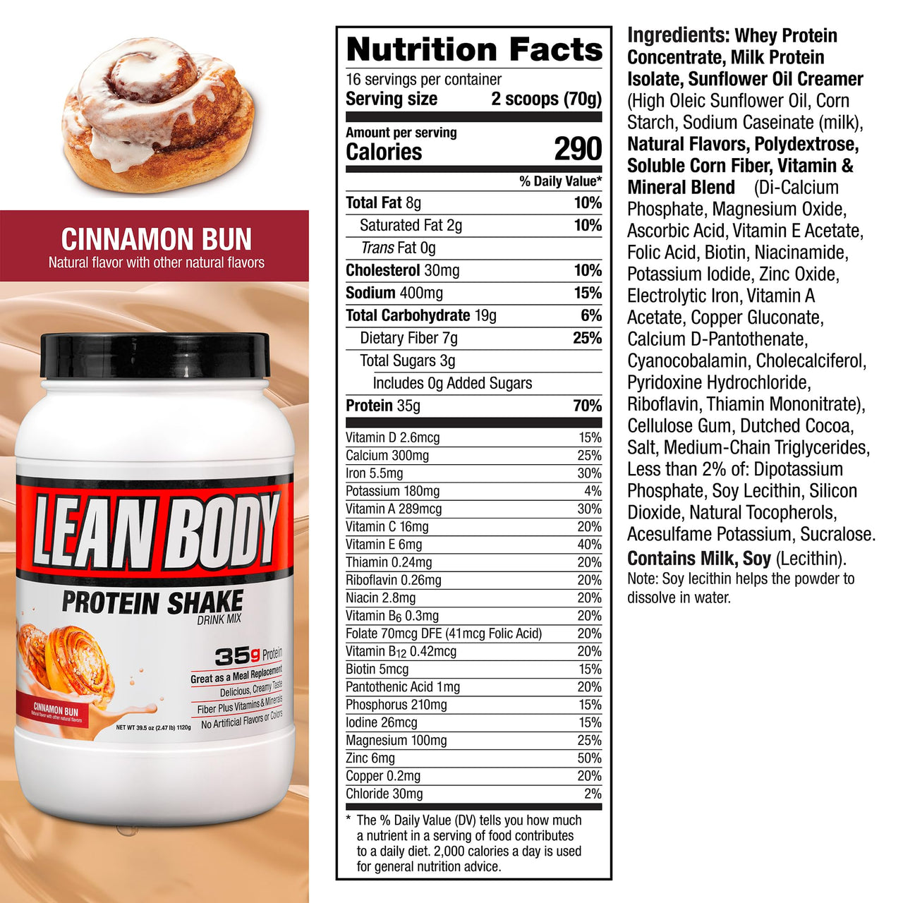 Labrada Nutrition Lean Body Hi-Protein Meal Replacement Shake, Cinnamon Bun, 2.47 Pound Packaging May Vary